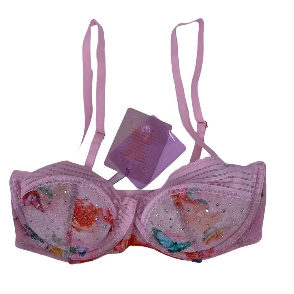 NWT Savage Fenty Pink Floral Lace Underwire Bra with Crystals Size 32D